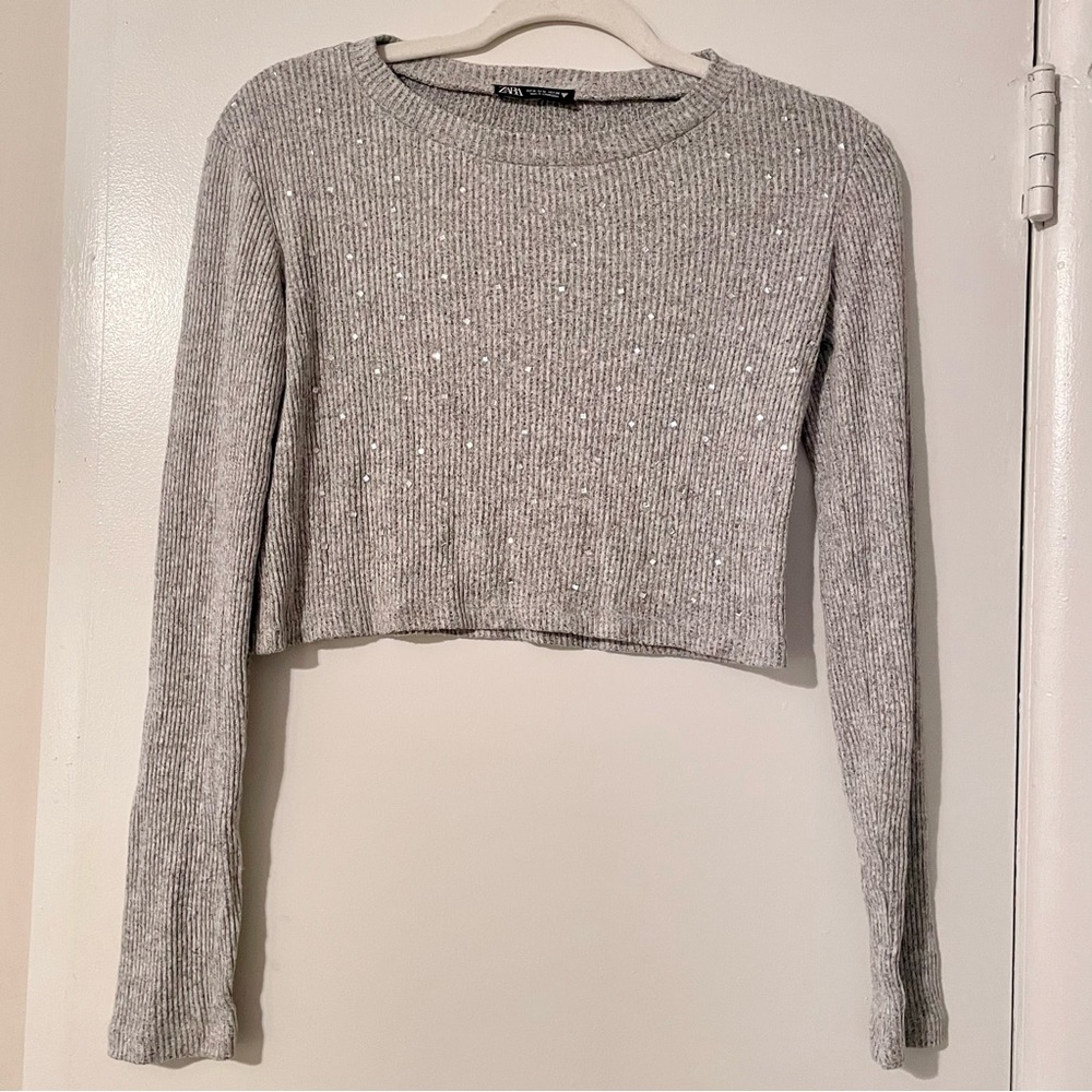 Zara Gray Embellished Crop Top